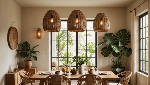 Les suspensions en rotin diffusent une douce lumière tamisée